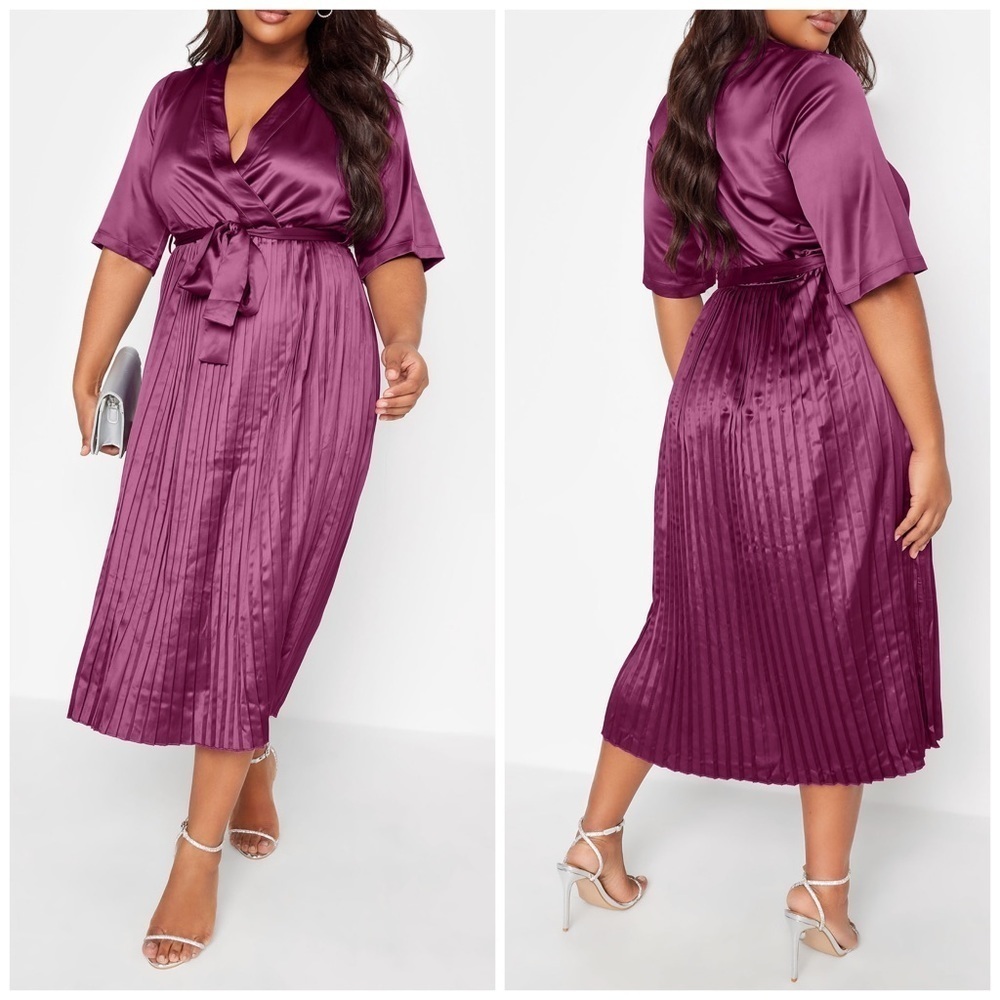 YOURS LONDON Curve Purple Satin Pleated Skirt Wrap Midi  Dress